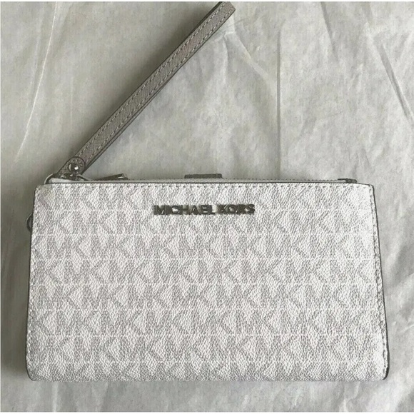New Michael Kors Jet Set Travel Double Zip Wallet Signature Bright White - Picture 2 of 6